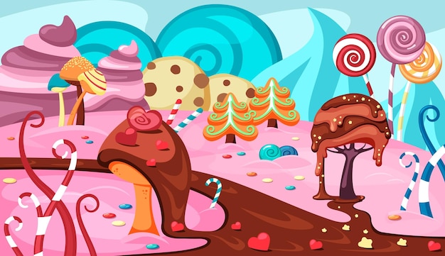 Süßer karamellhintergrund cartoon-fantasielandschaft mit süßigkeiten karamellbüschen und bäumen vektormärchenlandschaft