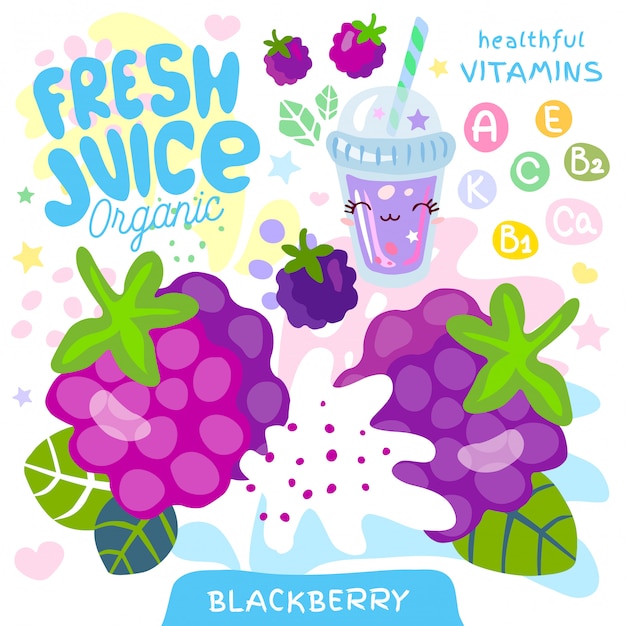 Süßer kawaii charakter des bio-glases des frischen saftes. abstrakter saftiger spritzfruchtvitamin lustiger kinderstil. brombeer-beeren-beeren-joghurt-smoothies-tasse. illustration.