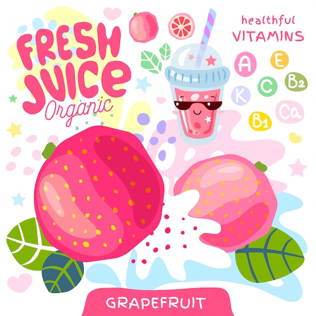 Süßer kawaii charakter des bio-glases des frischen saftes. abstrakter saftiger spritzfruchtvitamin lustiger kinderstil. tropische exotische joghurt-smoothies-tasse der grapefruit-zitrusfrucht. illustration.