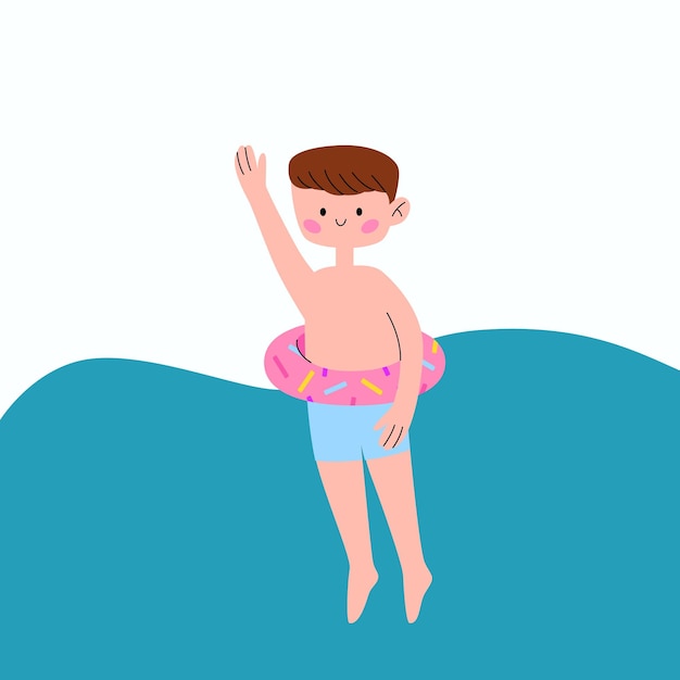 Süßer kawaii junge schwimmt im pool mit einem aufblasbaren kreis in form einer donut-vektor-cartoon-illustration