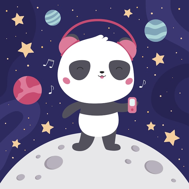 Süßer kawaii panda mit kopfhörern und musikplayer auf weltraumhintergrund