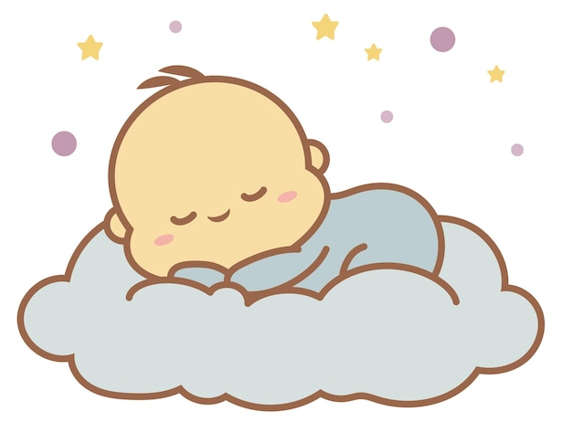 süßer kleiner Junge, der in Wolkenvektor-Chibi-Pastellzeichnung schläft