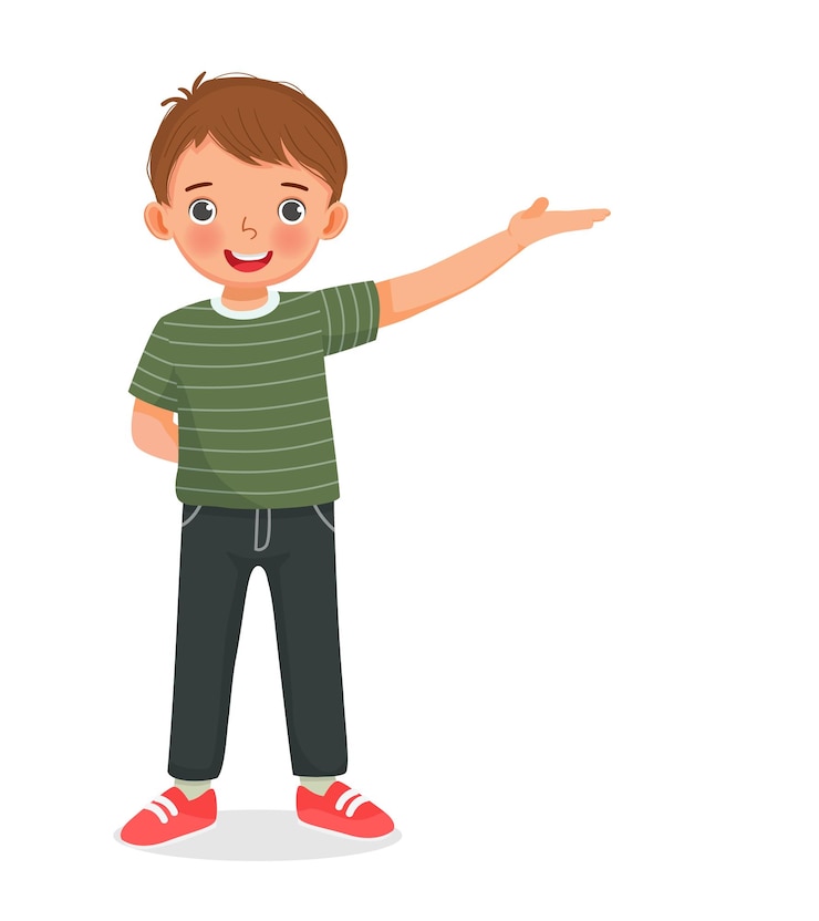 Vektor süßer kleiner junge, der sich mit der hand präsentiert und eine willkommene geste macht
