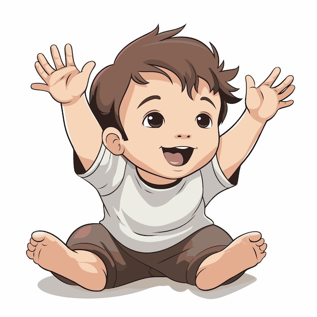 Süßer kleiner junge sitzt und winkt mit den händen vektor-illustration