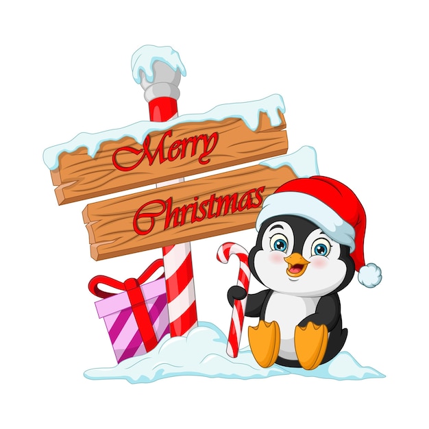 Süßer kleiner pinguin mit holzschild und geschenken