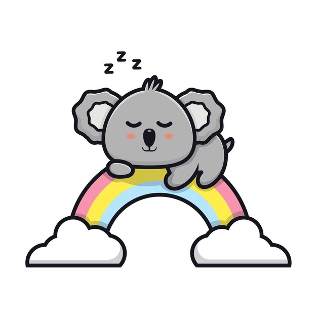 süßer Koala, der auf Regenbogenkarikaturillustration schläft