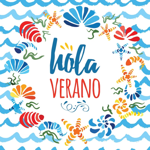 Süßer kreiskranz mit handgezeichneten bunten muscheln und text hallo sommer in spanischer sprache