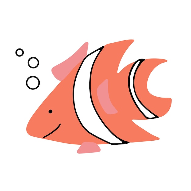 Süßer lächelnder fisch mit gesicht baby-symbol handgezeichnet in doodle-stil vektor-illustration