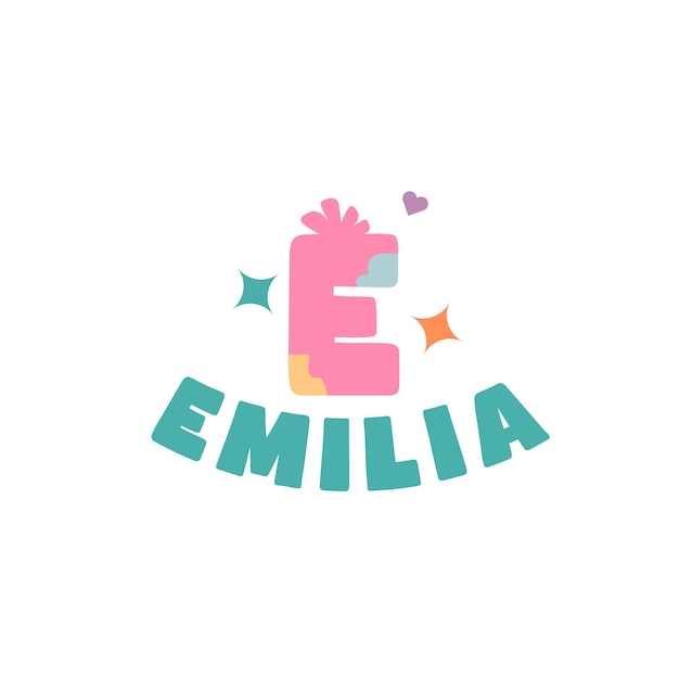 Vektor süßer lustiger initialenname von emilia, logoinitialen kimberly, identitätsname für kindermädchen