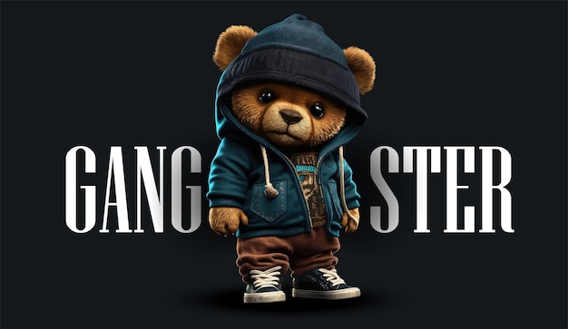 Süßer, lustiger Teddybär mit Mütze und Kette auf schwarzem Hintergrund. Gangster-Kars-Slogan
