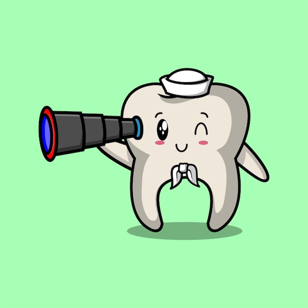 Vektor süßer maskottchen cartoon tooth seemann mit hut und mit binokularem, süßem, modernem design