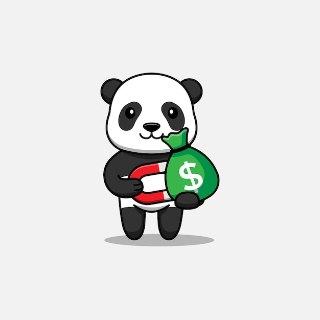 Süßer panda bekommt eine tüte geld mit einem magneten