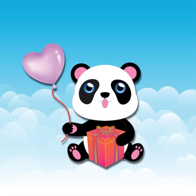 Vektor süßer panda mit herzballon und geschenkbox-vektorsymbol