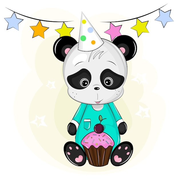 Süßer pandabär feiert geburtstag mit cupcake