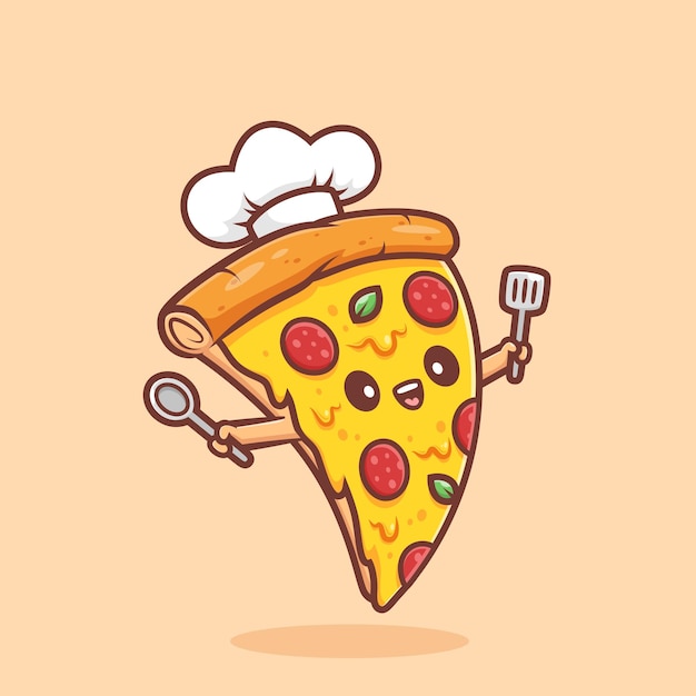 Süßer pizzabäcker, italienischer pizzabäcker, peperoni-pizza, käse, süßes maskottchen-symbol, meistgesuchtes vektordesi