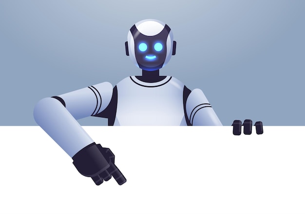 süßer Roboter-Cyborg, der auf leere leere weiße Tafel zeigt moderne Robotercharakter-Technologie für künstliche Intelligenz