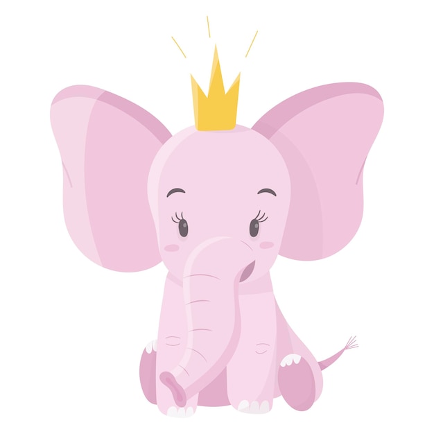 Süßer rosa elefantenbaby mit krone. cartoon-tier zum dekorieren von kinderartikeln und hintergründen.