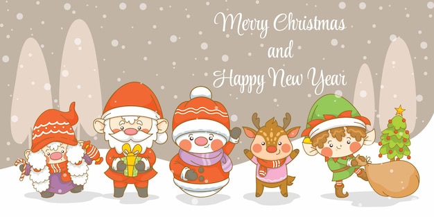Süßer santa gnome elf schneemann und hirsch mit weihnachts- und neujahrsgrußbanner