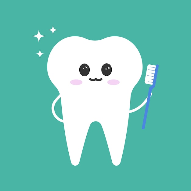 Süßer, sauberer zahn mit zahnbürste und zahnpasta-charakter weißer cartoon-zahn