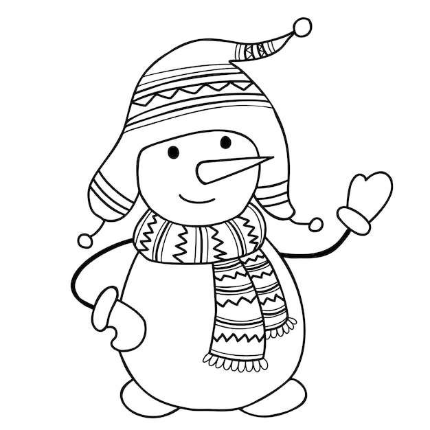 Süßer schneemann mit strickmütze und schal lineares handgezeichnetes doodle wintermärchen schneefigur