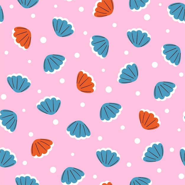 Süßer Sommer-Marinedruck mit bunten Muscheln auf rosa Hintergrund