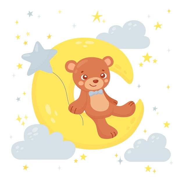 Vektor süßer teddybär, der auf dem mond sitzt und einen sternballon in einem handgezeichneten cartoon-stil hält.