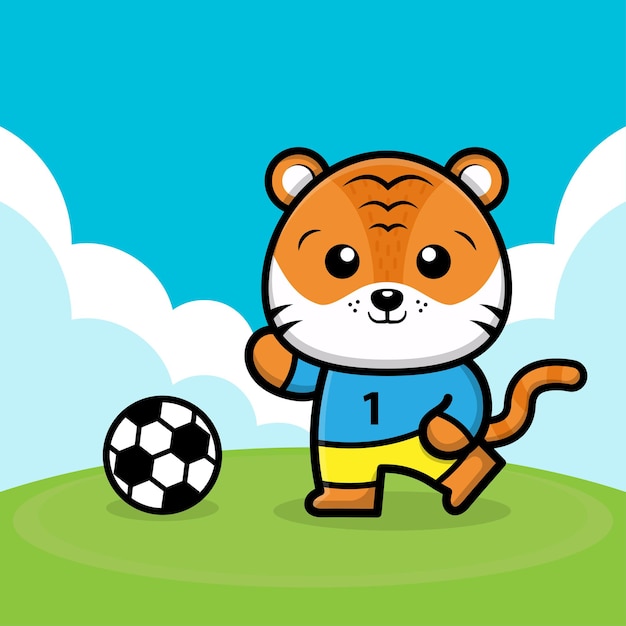 Süßer tiger, der fußball-karikaturillustration spielt playing