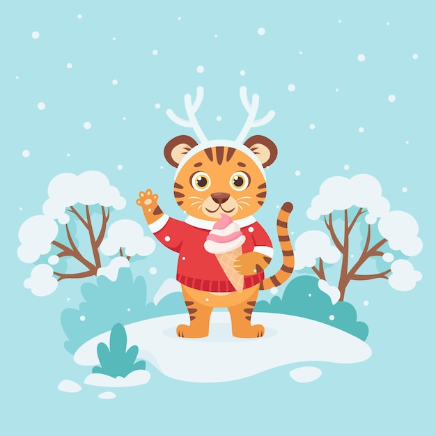 Süßer tiger mit eis wünscht frohe weihnachten und ein glückliches neues jahr 2022 jahr des tigers