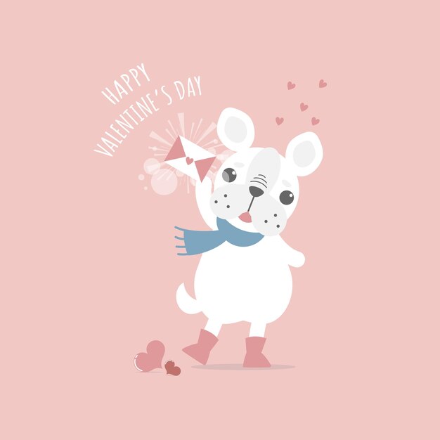 süßer und reizender handgezeichneter süßer französischer bulldoggenmops, der liebesbrief glücklichen valentinstag hält