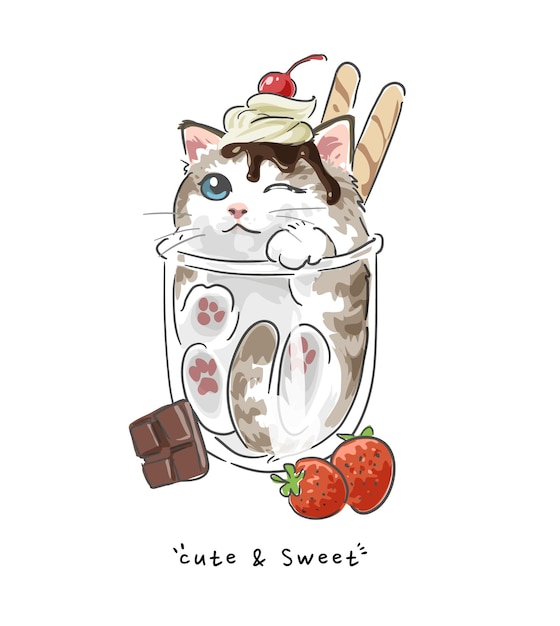süßer und süßer Slogan mit kleinem Kätzchen in der Dessertbecher-Vektorillustration