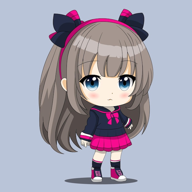 Vektor süßes chibi-anime-mädchen mit langen haaren und rosa kleid