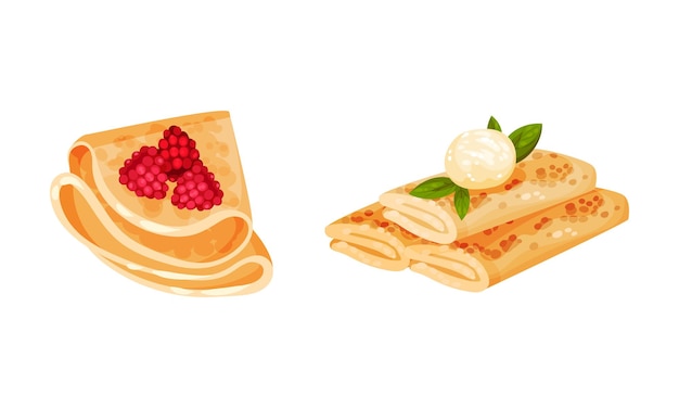 Süßes Crepe oder Pfannkuchen mit Käse und Himbeeren Füllung Vektor Set