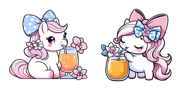 Süßes einhorn mit orangensaft-cartoon