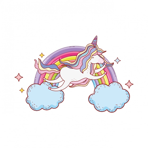 Süßes einhorn mit wolken und regenbogen