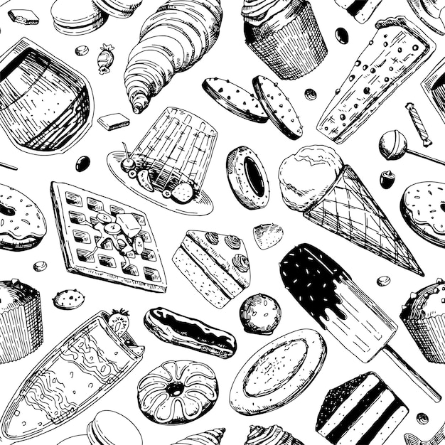 Süßes Essen nahtlose Muster Ornament von abwechslungsreichen köstlichen Desserts Vektor-Illustration im Sketch-Stil Retro-Design für Tapetendekor Wrap Hintergrund