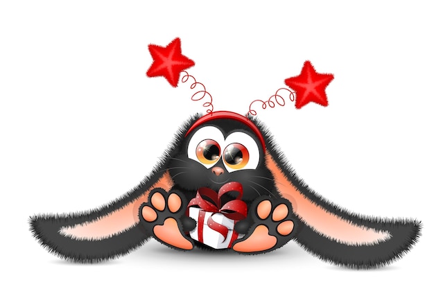 Vektor süßes, flauschiges schwarzes häschen mit rotem sternenstirnband und geschenkbox in seinen pfoten. chinesisches neujahrssymbol 2023