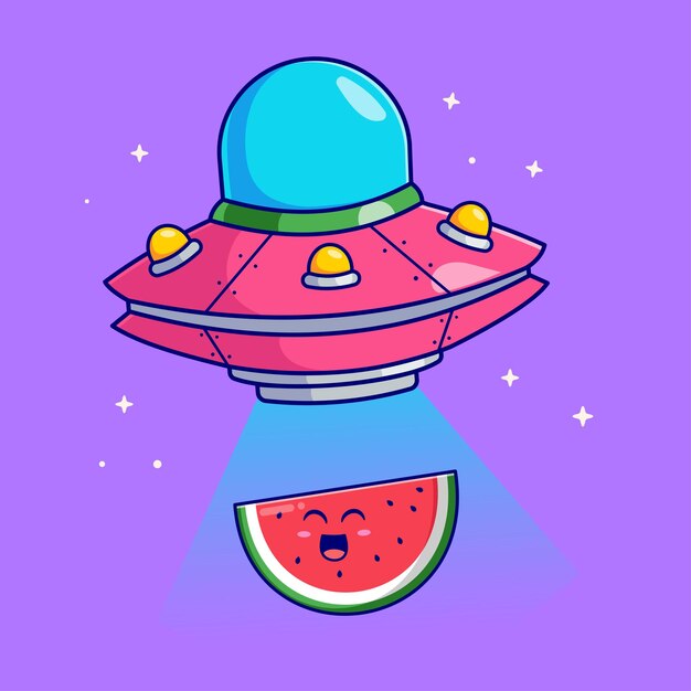Süßes fliegendes ufo, das Wassermelonen-Cartoon-Vektor-Symbol-Illustration fängt