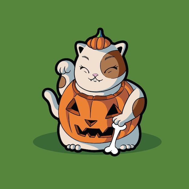 Vektor süßes halloween-kostüm mit katzenkürbis