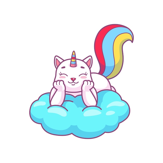 Süßes Kawaii-Katikorn träumt von einem glücklichen Kätzchen auf der Wolke