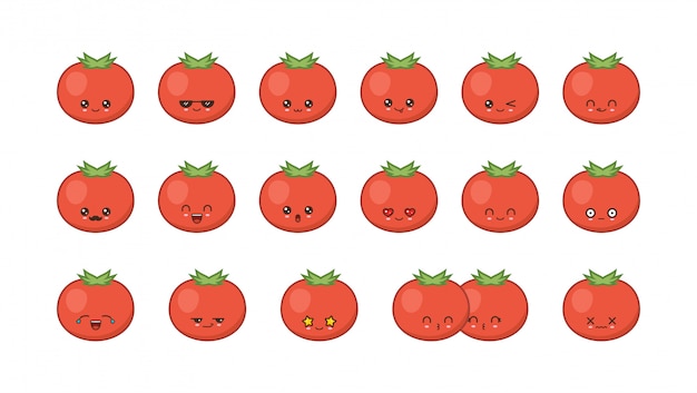 Süßes kawaii maskottchen der tomate. stellen sie kawaii nahrungsmittelgesichter ein