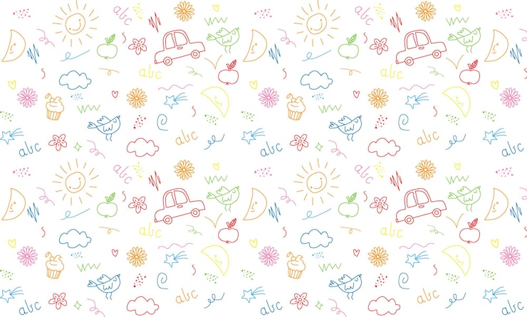 Vektor süßes kind, krabbelnde linie, blume, herz, regenbogen, hintergrund, von hand gezeichnetes schnitz, kindisches element
