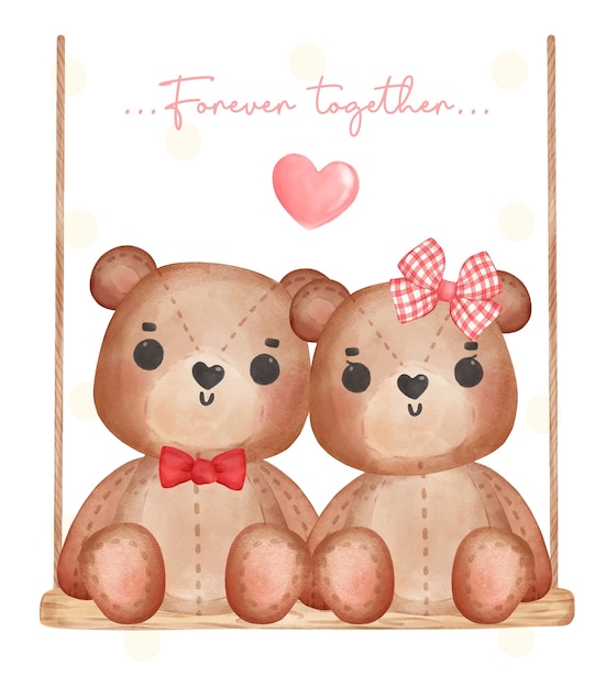 Süßes klassisches Paar braune Teddybären Junge und Mädchen sitzen zusammen auf Holzschaukel Happy Valentine