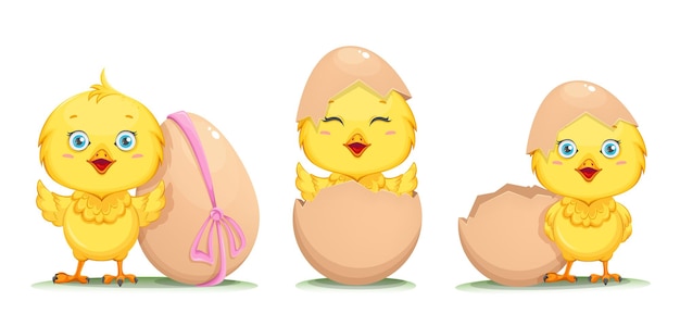 Süßes kleines Küken Set aus drei Posen Fröhliche Ostern Lustige Baby-Huhn-Cartoon-Figur