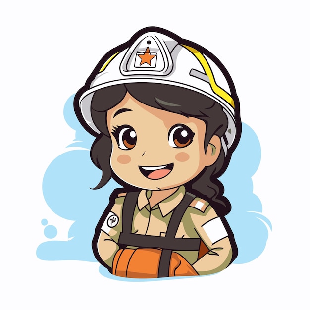 Süßes kleines mädchen mit feuerwehruniform vektor-cartoon-illustration