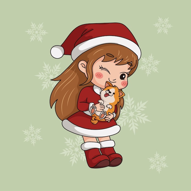 süßes kleines mädchen mit hundeweihnachtscharakterkarikatur