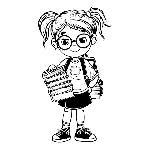 Süßes kleines studentenmädchen mit rucksack und büchern vektorillustration grafikdesign