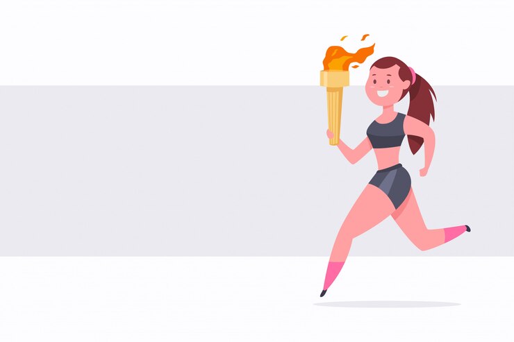 Vektor süßes mädchen läuft mit einer brennenden fackel in der hand. cartoon sport illustration.