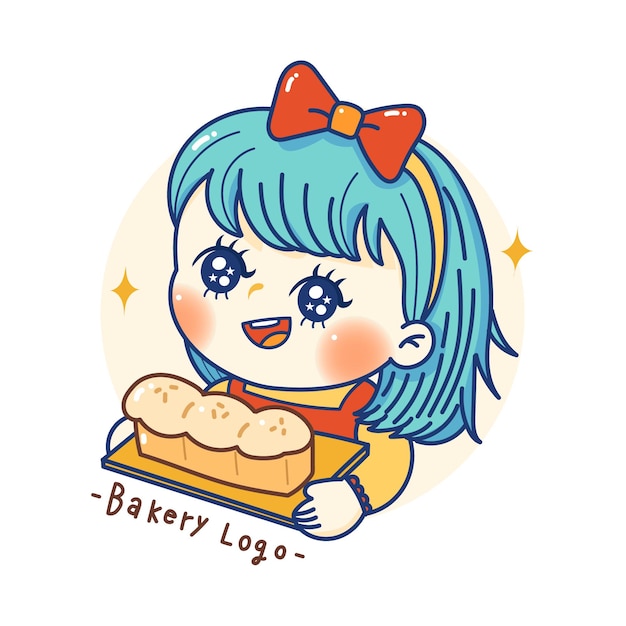 Süßes mädchen mit brot bäckerei logo cartoon kawaii