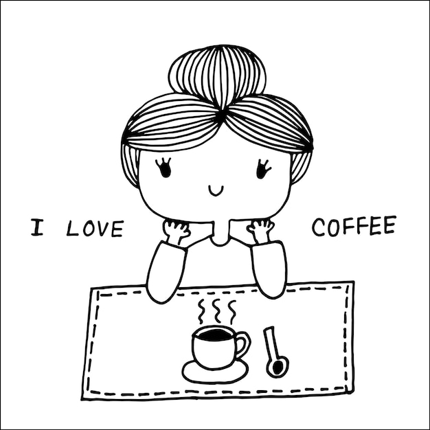 Süßes Mädchen mit einem Glas heißen Kaffee auf dem Tisch und Text I Love Coffee Cartoon Doodle Handzeichnung