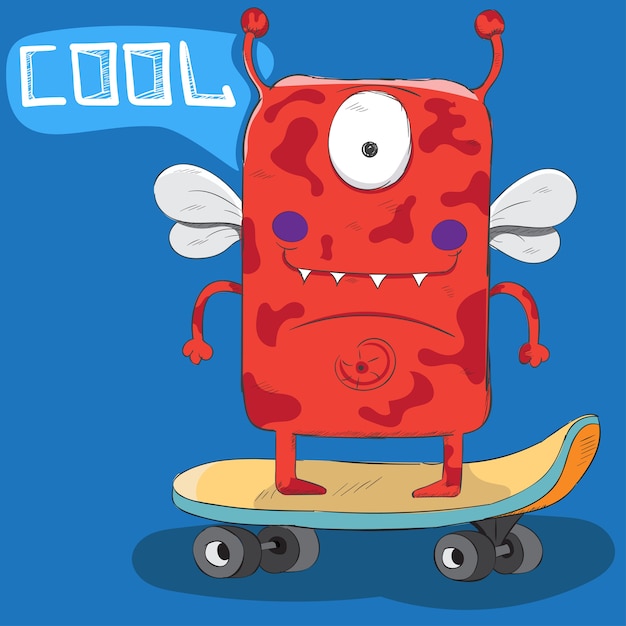 Süßes monster auf einem skateboard